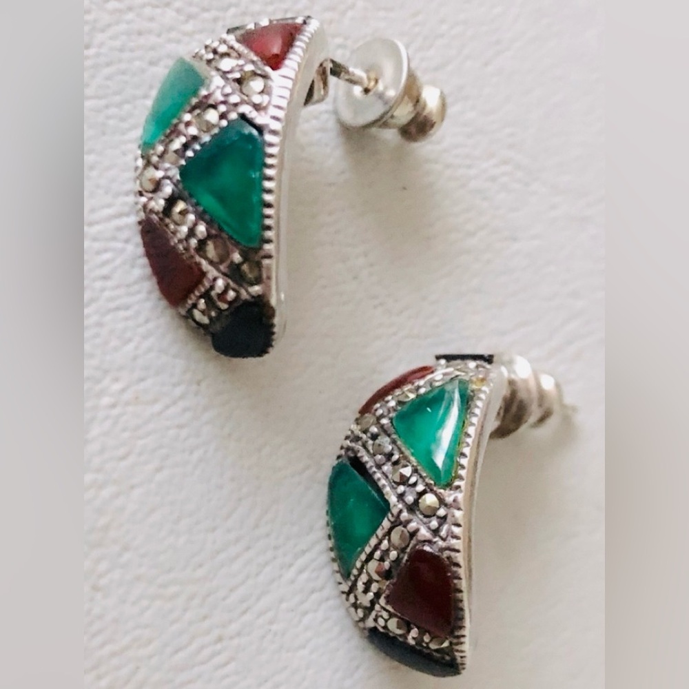 Stone & Marcasite Silver Earrings - Picture 6 of 6